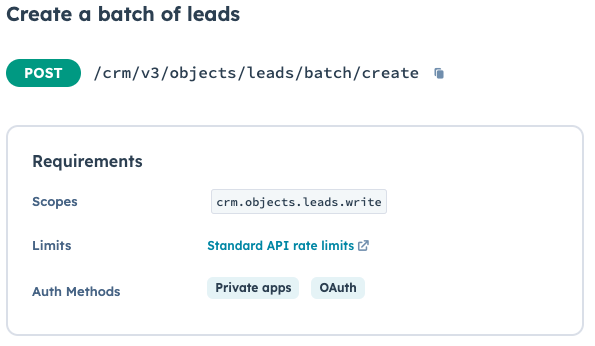 HubSpot batch lead creation endpoint HubSpot batch lead creation endpoint